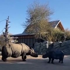 Rhino calf plays in mud with mom