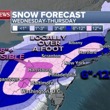 By Thursday morning, snow will end in Washington, D.C. but will continue in Philadelphia, New York City and Boston.