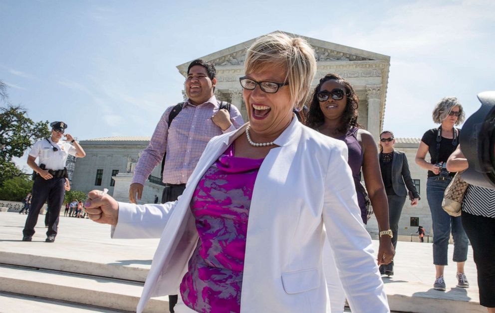 PHOTO: Amy Hagstrom Miller, founder of Whole Woman's Health, a Texas women's health clinic that provides abortions, rejoices as she leaves the Supreme Court in Washington, June 27, 2016.