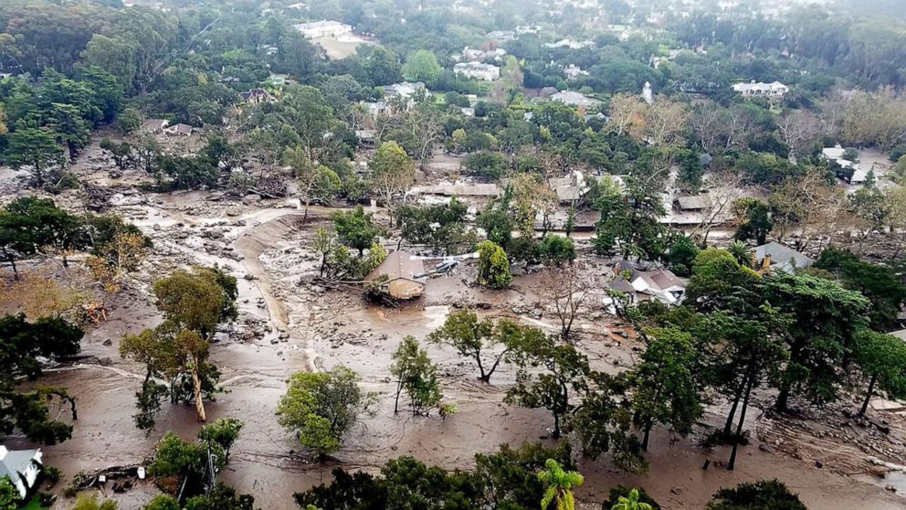 PHOTO: This aerial photo provided by the Santa Barbara County Fire Department shows mudflow and damage to homes in Montecito, Calif., Jan. 10, 2018. 