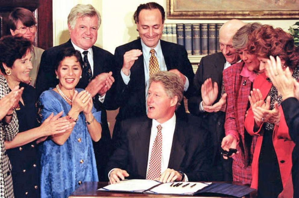 PHOTO: President Bill Clinton reacts after signing legislation making it a federal crime to block access to abortion clinics, in the Roosevelt Room at the White House, on May 26, 1994.