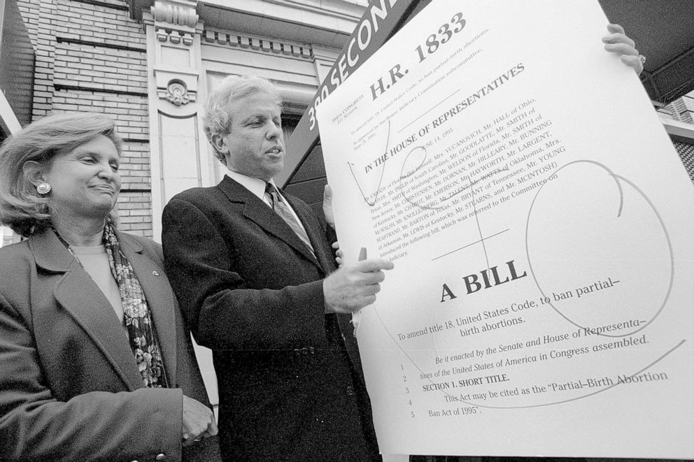 PHOTO: Pro-choice advocates Mark Green and Carolyn Maloney mock "veto" an oversized print of the H.R. 1833 bill outside a Planned Parenthood facility in New York, on Sept. 24, 1995. 