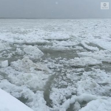 Large chunks of ice are seen floating in Lake Michigan as a major winter storm sweeps across the U.S.