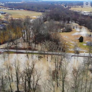 A drone captured flooding of streams and rivers near London, Kentucky. 