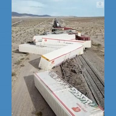 Dozens of rail cars crashed into the sand after a cargo train derailed near the Mojave Desert community of Ludlow.