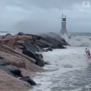 Tropical Storm Henri lashed the shores of Montauk in New York with strong winds and rain as the storm made landfall in Rhode Island earlier Sunday afternoon.