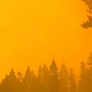 Footage captures bright orange haze and flames along California's Highway 50 as the Caldor Fire threatens the Lake Tahoe area.