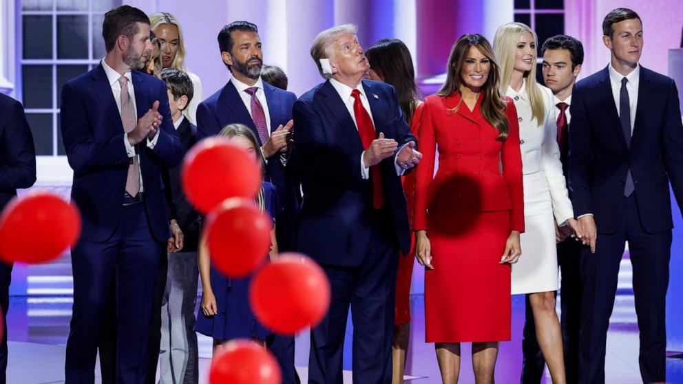 PHOTO: Eric Trump, Donald Trump Jr., former U.S. President Donald Trump, former first lady Melania Trump, Ivanka Trump, and Jared Kushner watch as balloons fall on the fourth day of the Republican National Convention, July 18, 2024, in Milwaukee.