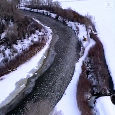 Drone footage captured ice and debris floating down the Roaring Fork River in Colorado.