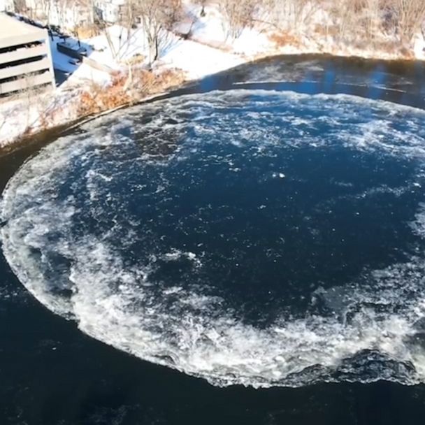 Large spinning ice disk forms on Presumpscot River in southern Maine - Good Morning America