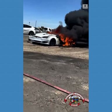 Firefighters in California say a Tesla vehicle sparked a fire at a junkyard three weeks after sustaining major damage in an accident.