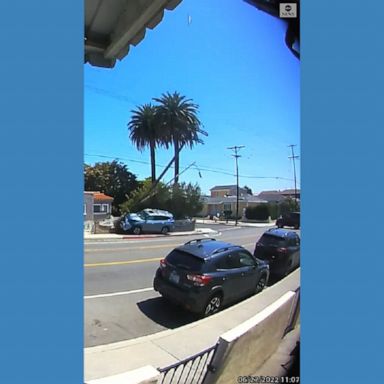 The doorbell camera captured dramatic footage of a car crashing into a utility pole and street light at an intersection in Los Angeles.