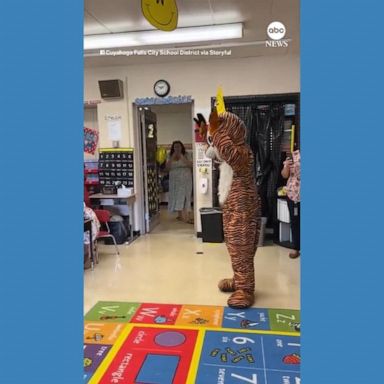 VIDEO: Soldier dressed as mascot surprises son on 1st day of school