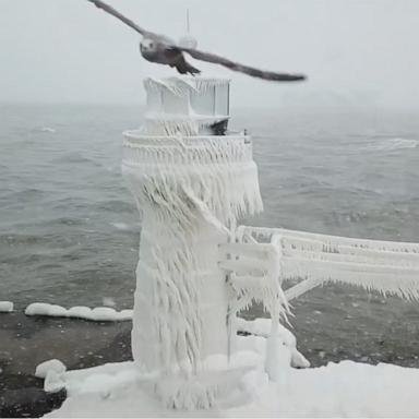 VIDEO: Lighthouses shrouded in ice on Lake Michigan shore