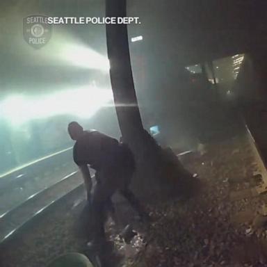 Bodycam video shows police officers in Seattle rescuing a man from the path of a high-speed oncoming train.