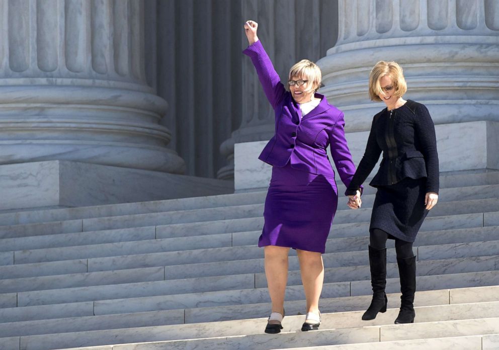 PHOTO: Lead plantiff Amy Hagstrom Miller acknowledges supporters alongside Nancy Northup, president Center for Reproductive Rights, as they leave the Supreme Court in Washington, March 2, 2016, after oral arguments on Whole Woman's Health v. Hellerstedt.