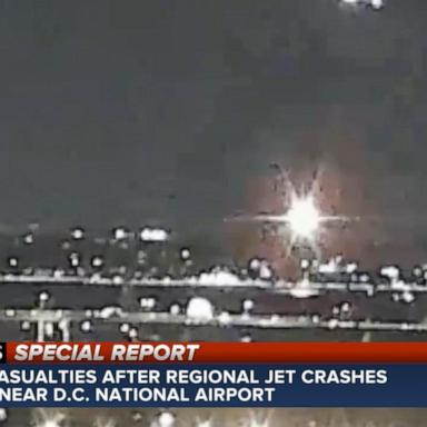 Footage from an EarthCam live camera shows the moment a regional jet collided in midair with a Black Hawk helicopter while on approach to land at Reagan Washington National Airport.