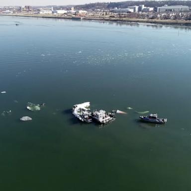 Drone video filmed by the National Transportation Safety Board on Jan. 30 shows an overhead view of the downed American Airlines plane and Army Black Hawk helicopter.