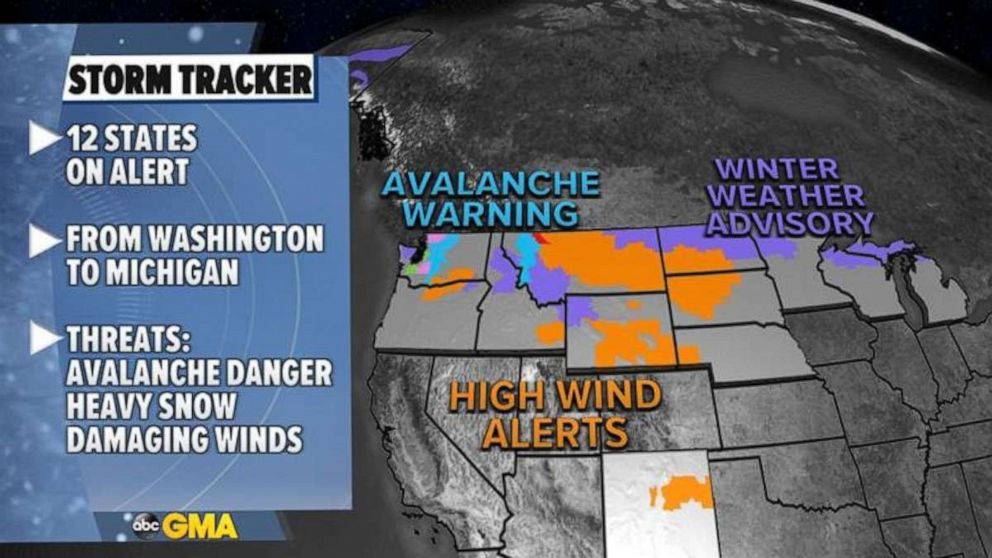 PHOTO: On Tuesday, 12 states are on alert from Washington to Michigan for snow, avalanche danger, high winds, flooding and there is even a blizzard warning in Montana.  
