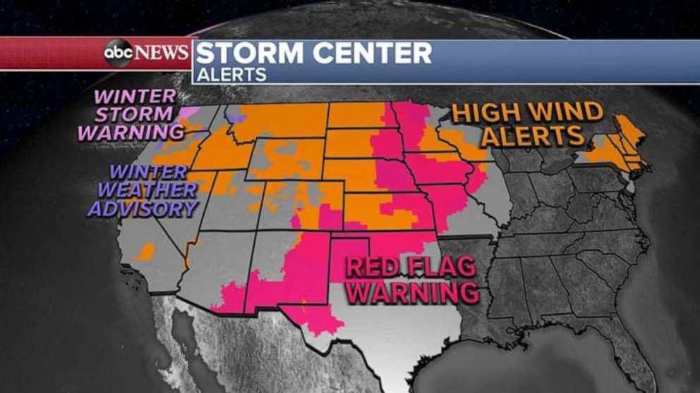 PHOTO: Meanwhile, a new storm system is developing in the West with more than a dozen states on alert for strong winds, fire danger and heavy snow from California to Illinois.
