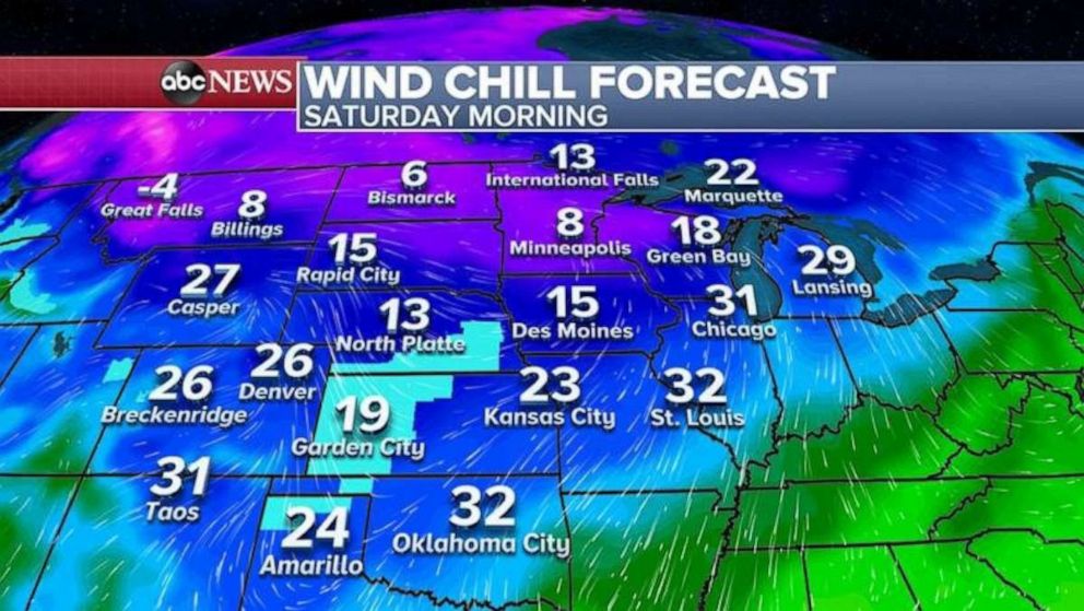 PHOTO: Wind chills are also expected to be widespread on Saturday morning.   
