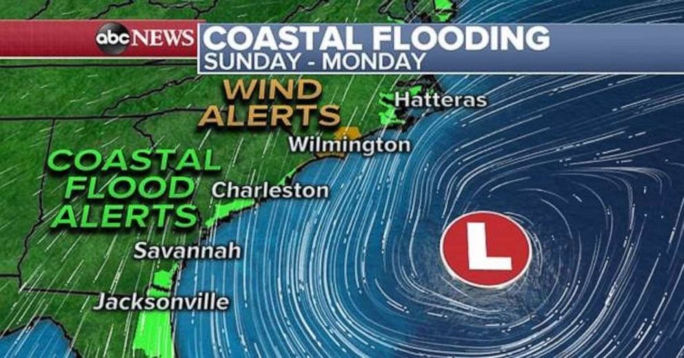 PHOTO: The northern side of the storm will have onshore winds, and likely will bring some coastal flooding Sunday night into Monday fro the Mid-Atlantic all the way to New England.