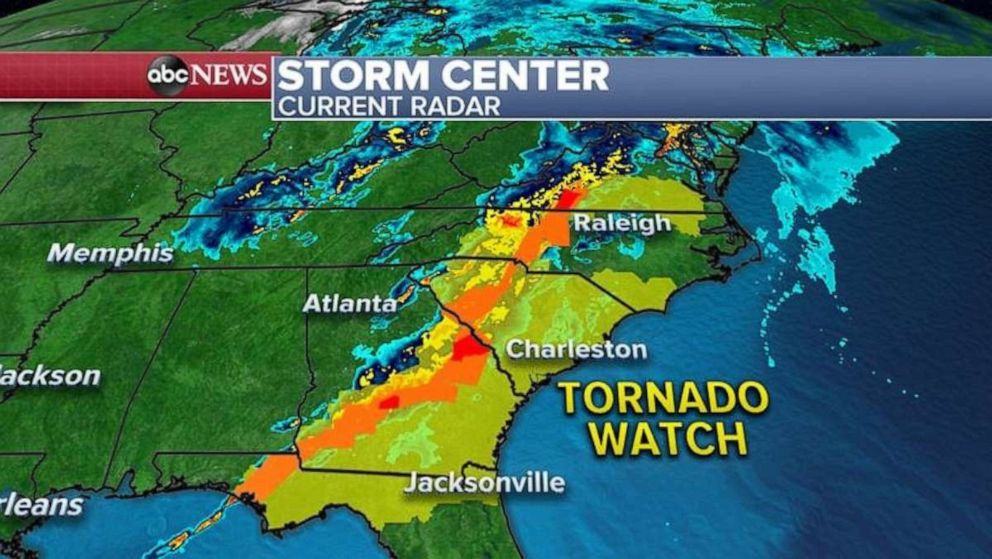 PHOTO: As this storm system moves to the East Coast, more severe weather is expected with tornadoes mostly possible from Richmond, Virginia south to Raleigh, North Carolina, Charleston, South Carolina and Savannah, Georgia. 