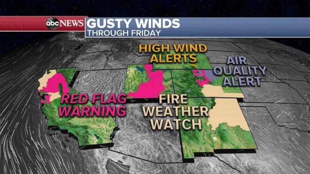 PHOTO: Winds gusts over the next few days could reach near 40 mph in Northern California and 40 to 50 mph from Utah to Colorado and fire danger will be critical from Northern California to New Mexico.