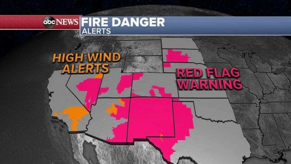 PHOTO: On Monday, 11 states from California to Vermont are under red flag warnings and wind alerts as low humidity, gusty winds and bone-dry conditions will produce critical fire danger in these areas.
