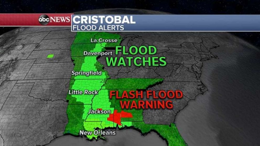 PHOTO: As remnants of Cristobal move north, heavy rain will spread with it into the Mid- and Upper Mississippi River Valley as 10 states are currently under flood alerts this morning. 