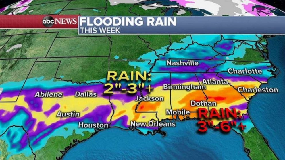 PHOTO: With days of rain expected over the same areas in the South, a flooding threat is increasing and some areas could see more than a half a foot of rain meaning it could turn into a dangerous situation by the middle of the week. 