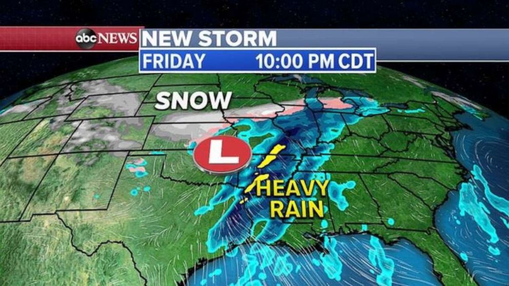 PHOTO: By Friday, the storm system will intensify and move into the Plains with heavy snow from Colorado to northern Illinois, Wisconsin and Michigan and, to the south, heavy rain and thunderstorms are expected.
