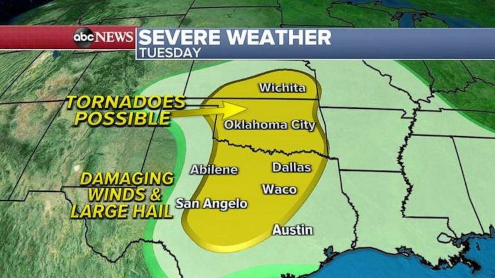 PHOTO: Ahead of this storm on Tuesday, a stationary front will produce strong storms from Louisiana to Alabama and these storms could also produce isolated tornado and damaging winds.  
