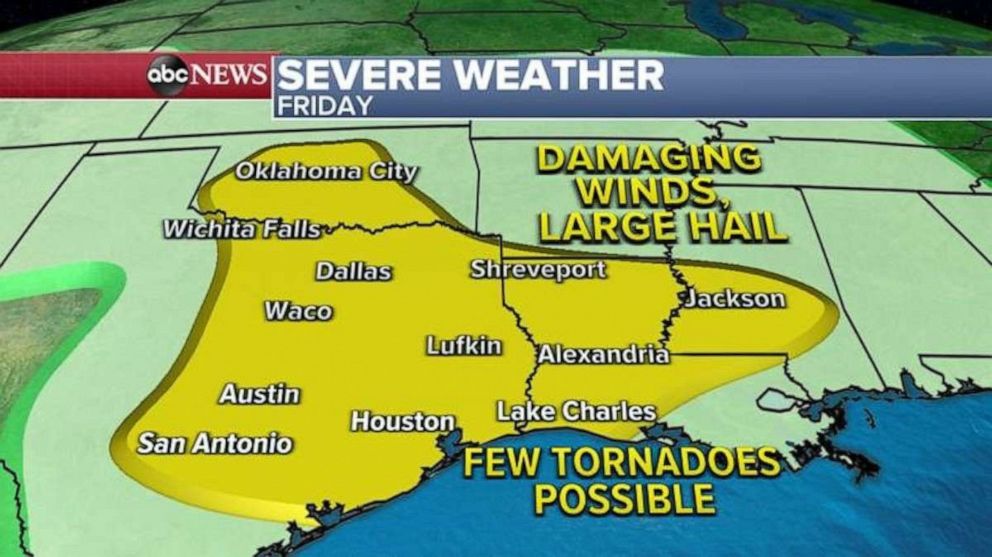 PHOTO: On Friday, severe weather with damaging winds, large hail and a few tornadoes will be possible for Oklahoma City, Dallas, Alexandria, Louisiana, and into Jackson, Mississippi.   
