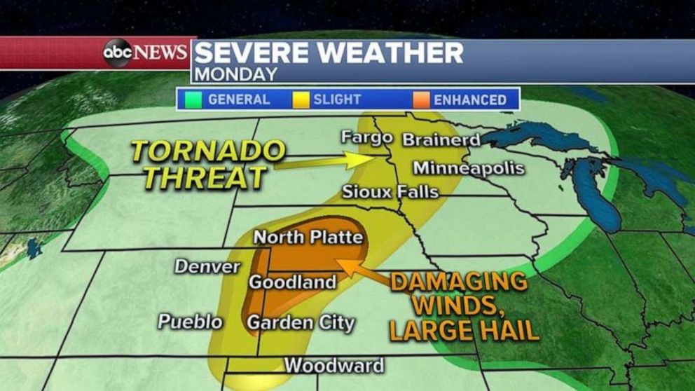 PHOTO: From Nebraska to Kansas and Colorado, damaging winds to 70 mph and golf ball-sized hail is possible.