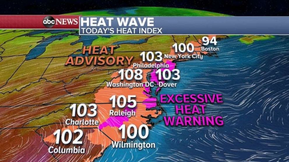 PHOTO: So today will feel like its 100 to 110 degrees from New York City to Washington, D.C. and all the way down to the Carolinas.