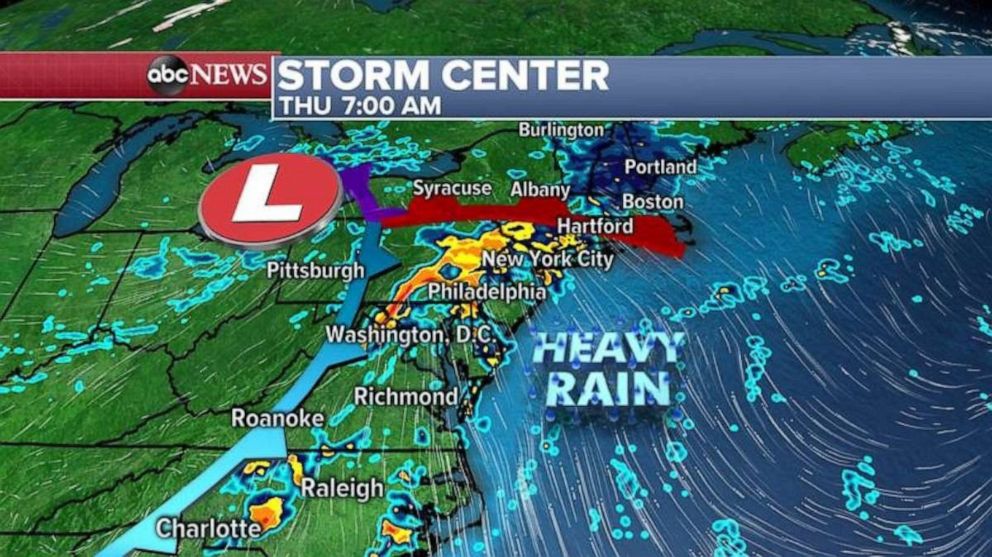 PHOTO: This storm system will arrive in the Northeast by Thanksgiving morning with a round of heavy rain expected in the major northeast cities from Washington, D.C. to New York and Boston where localized flash flooding will be possible. 
