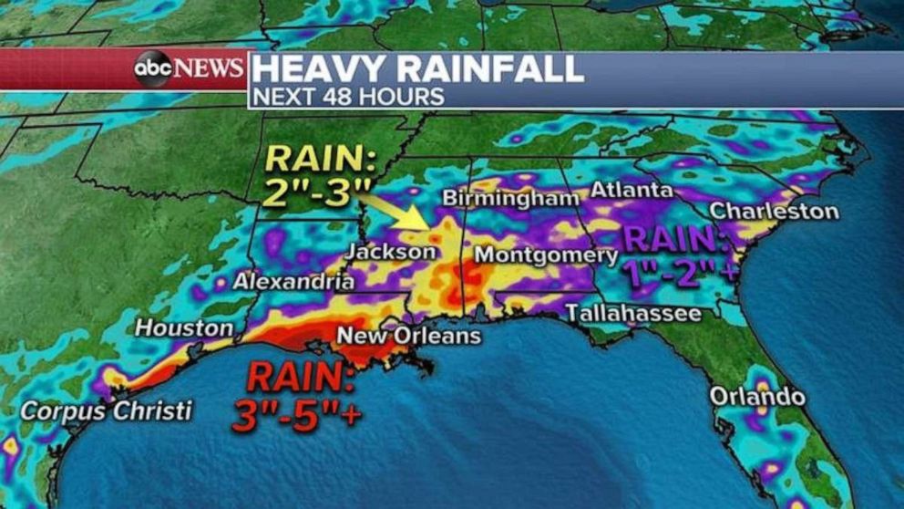 PHOTO: The heaviest rain will be from southern Louisiana to Alabama where up to 5 inches of rain could accumulate.  
