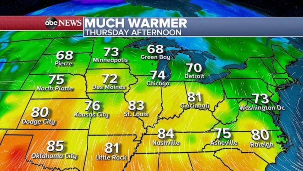 PHOTO: Ahead of the storm system tomorrow, it will get almost summer-like for some with highs reaching 70s from Minneapolis to Chicago and Detroit with 80s in St. Louis and Cincinnati.