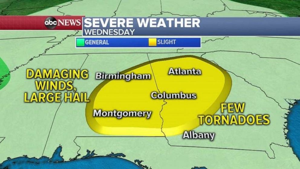 PHOTO: The biggest threat with these storms on Wednesday will be damaging winds, large hail and an isolated tornado cannot be ruled out.  
