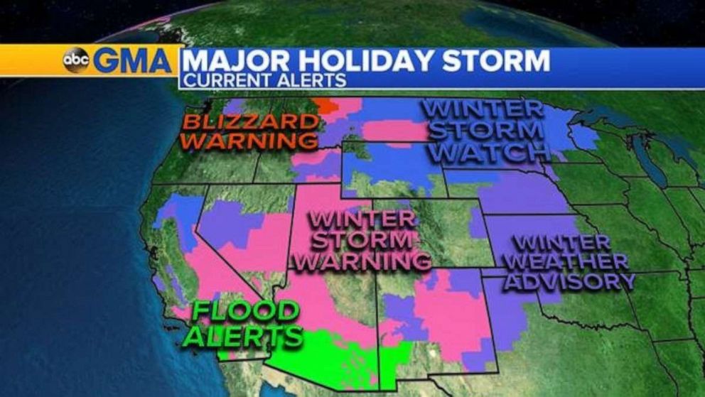 PHOTO: Twenty states from California to Michigan are under alert as the major storm out west continues to bring heavy mountain snow, blizzard conditions ice, flooding rain, and gusty winds across the region.