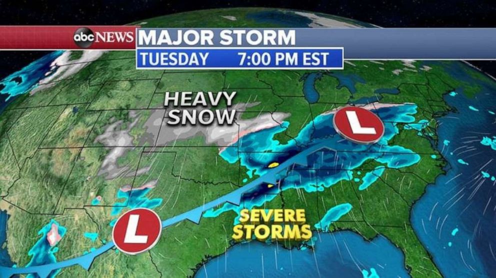 PHOTO: By Wednesday, the storm system will stretch from the Plains into the Gulf Coast with damaging winds and a threat for tornadoes in the Gulf Coast and heavy snow possible from western Texas into Oklahoma and into parts of Missouri.