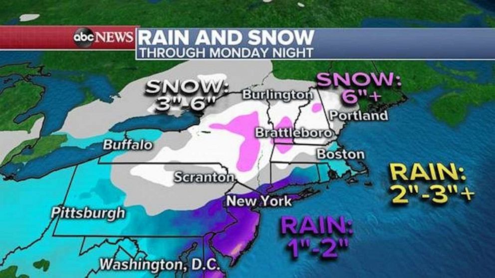 PHOTO: On Monday, as the coastal low deepens, snow will overspread parts of the Northeast, especially interior New England, including western Massachusetts and much of Central New York. 