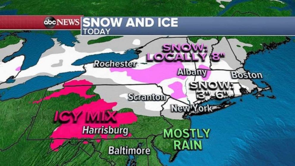 PHOTO: Snowfall totals will range 3 to 6 inches from the Hudson Valley to New England and, locally, 8 inches is expected in the higher elevation in New York, Massachusetts and Vermont. 

