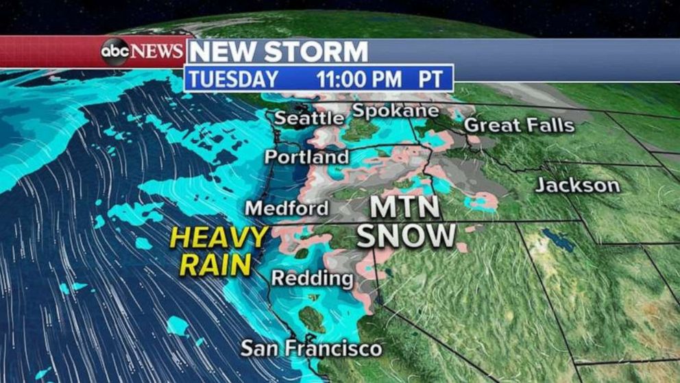 PHOTO: By Tuesday into Tuesday night, even stronger storms will move into the West Coast spreading rain all the way down to northern California with heavy snow from Sierra Nevada to the Cascades.  