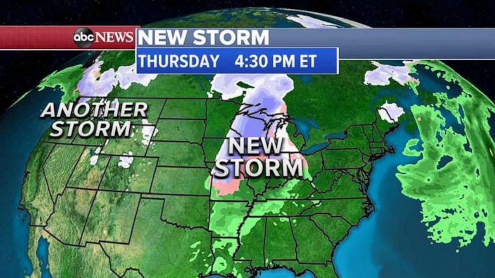 PHOTO: By Friday, the new storm will move into the Northeast but, because temperatures will be milder for the I-95 corridor, there will be rain rather than snow.

