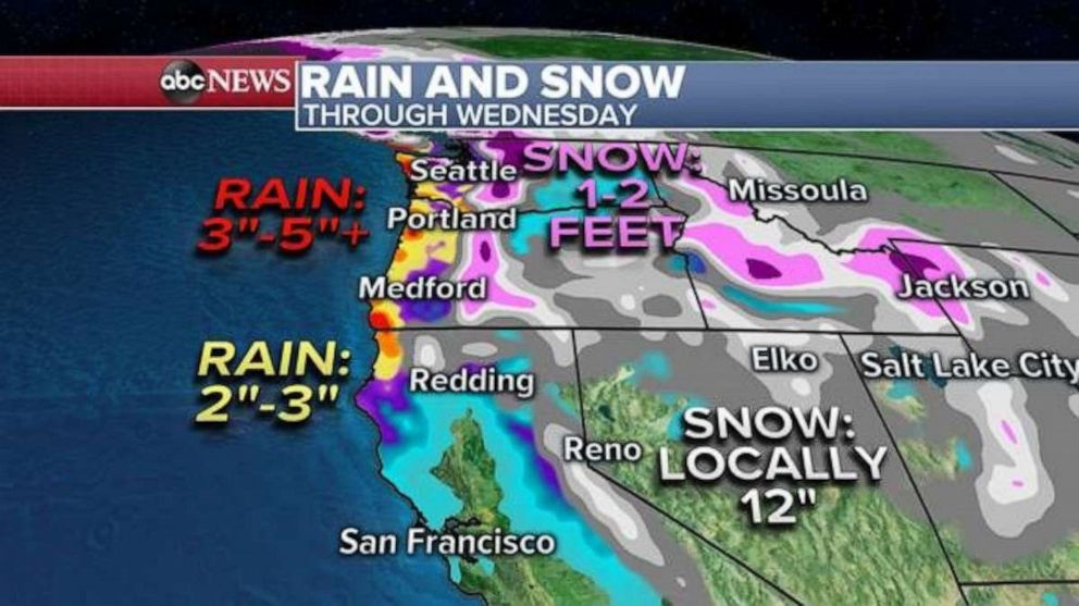 PHOTO: Locally three to five inches of rain will be possible along the immediate coast through Wednesday. In the mountains, locally one to two feet of snow will be possible in the higher elevations. 