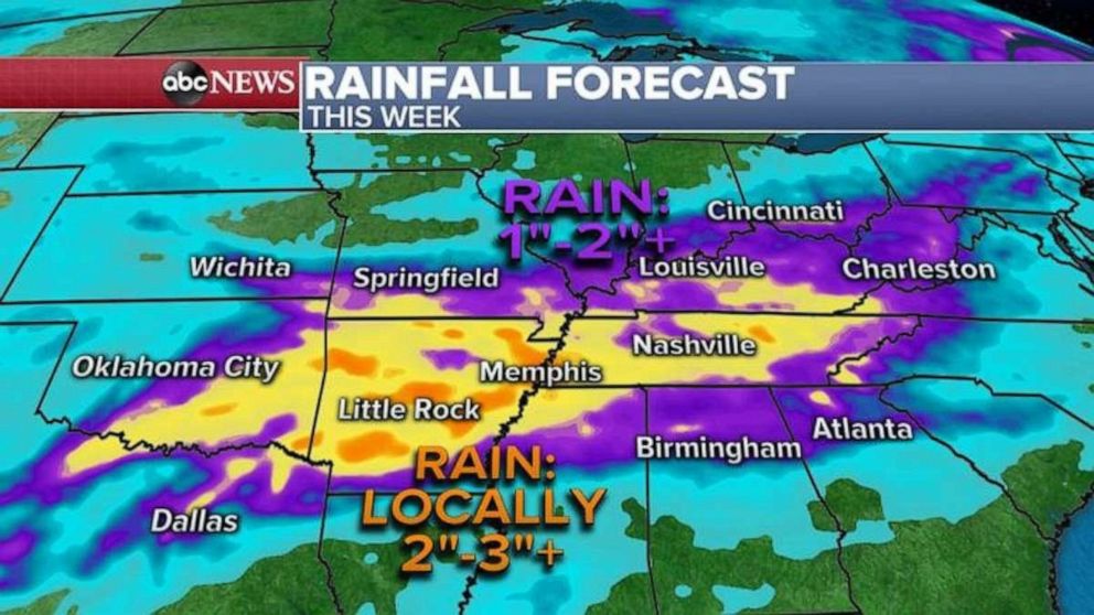 PHOTO: Very heavy rain also possible in the southern Plains and into the Tennessee Valley where locally 2 to as much as 4 inches is possible through the rest of the week.