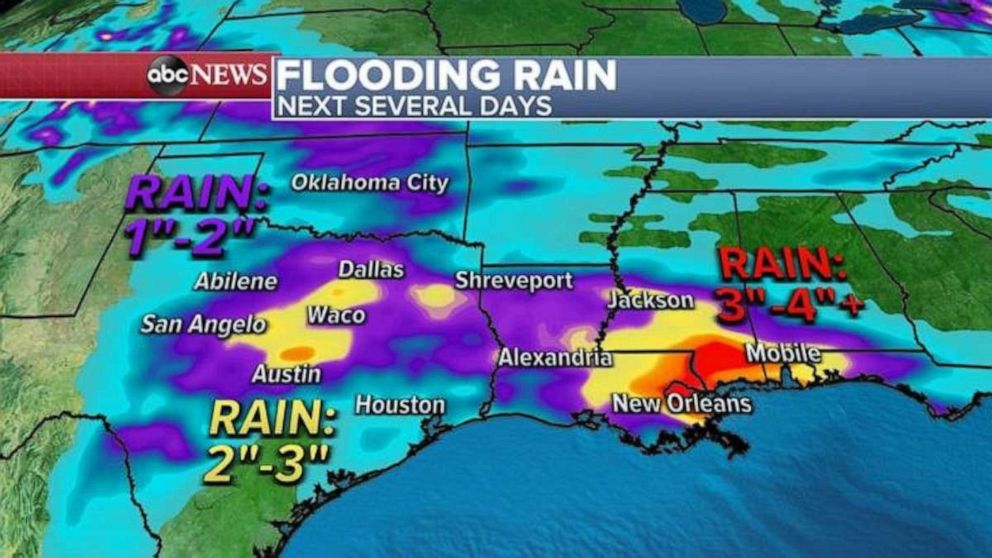 PHOTO: Some of the rain can be heavy and could produce localized flash flooding, especially from Louisiana into Mississippi.
