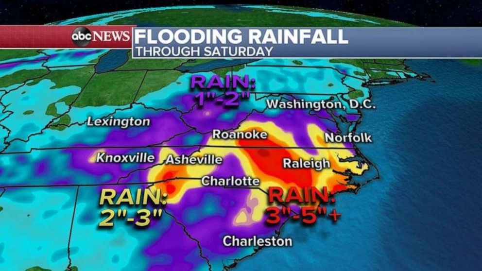 PHOTO: The stubborn storm system that brought all the rain to the Great Lakes will slowly slide southeast over the next few days and heavy rain is expected for the Carolinas and Virginia where Flash flooding is possible.